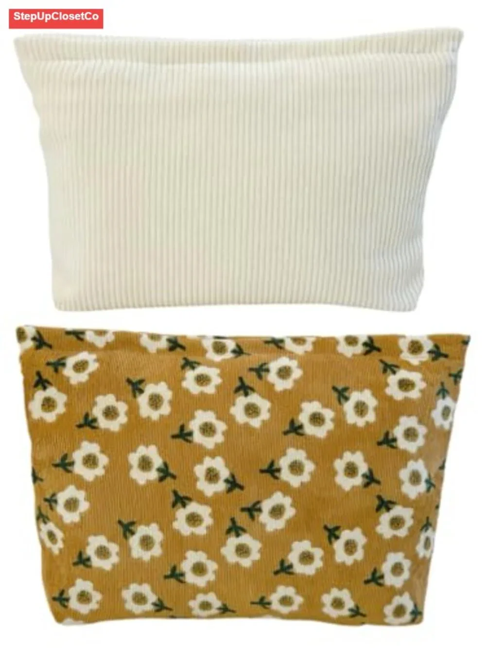 Set of 2 Corduroy Floral Cosmetic Bags Organizer Travel Toiletry Pouch